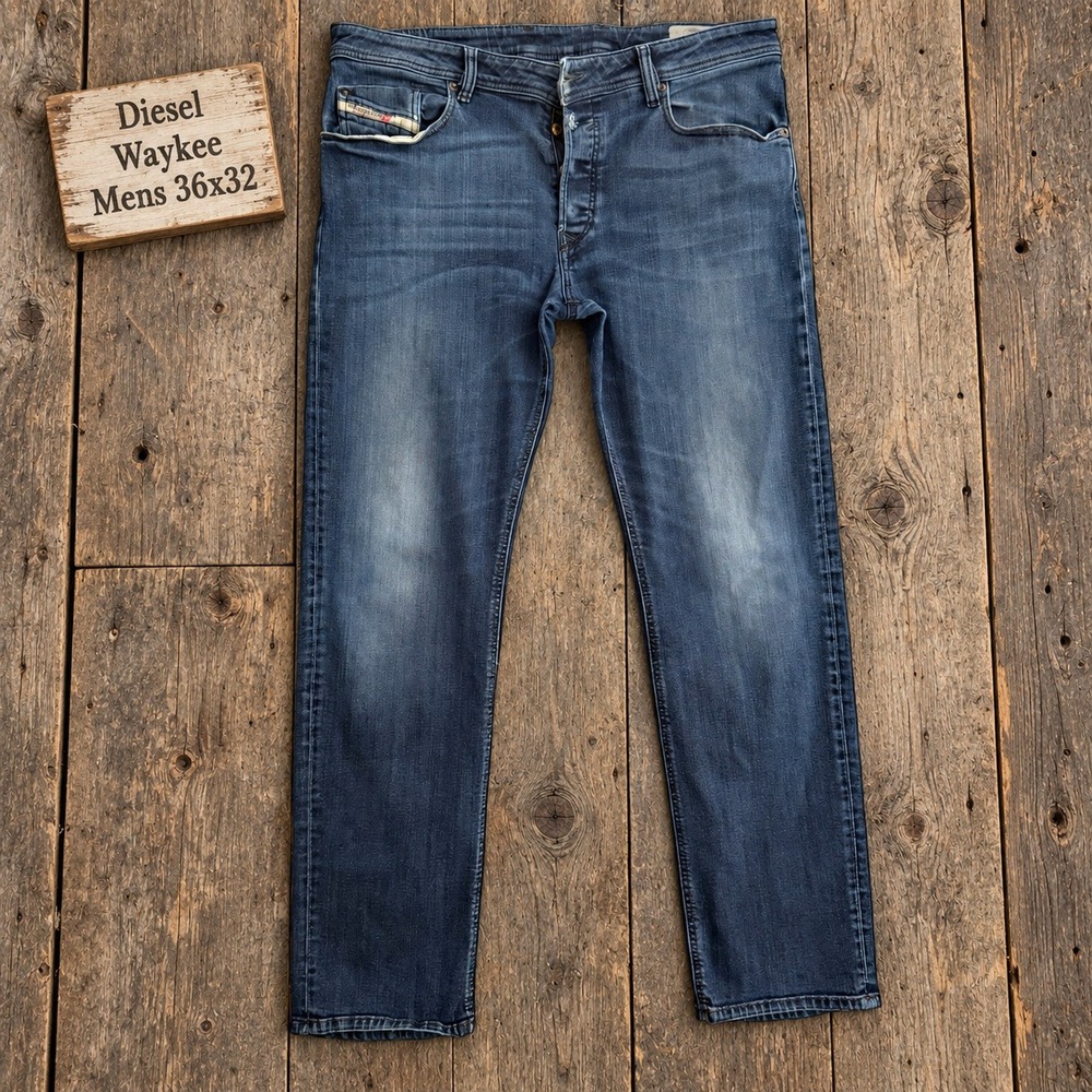 Diesel Waykee Men 36x32 Regular Straight Jeans Medium Wash Blue Denim Button Fly